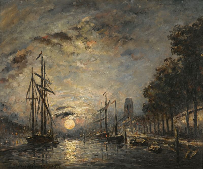Paisagem impressionista de Johan Barthold Jongkind com um canal ao crepúsculo, 1876