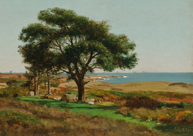 Landscape with calm waters and greenery, oil painting by Jervis McEntee