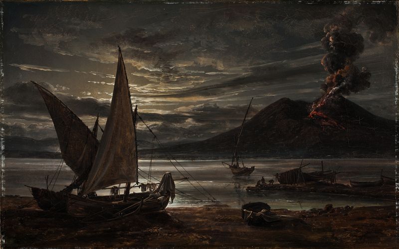 Vesuvius In Eruption. Moonlight de Johan Christian Dahl, óleo sobre tela representando um vulcão à noite.