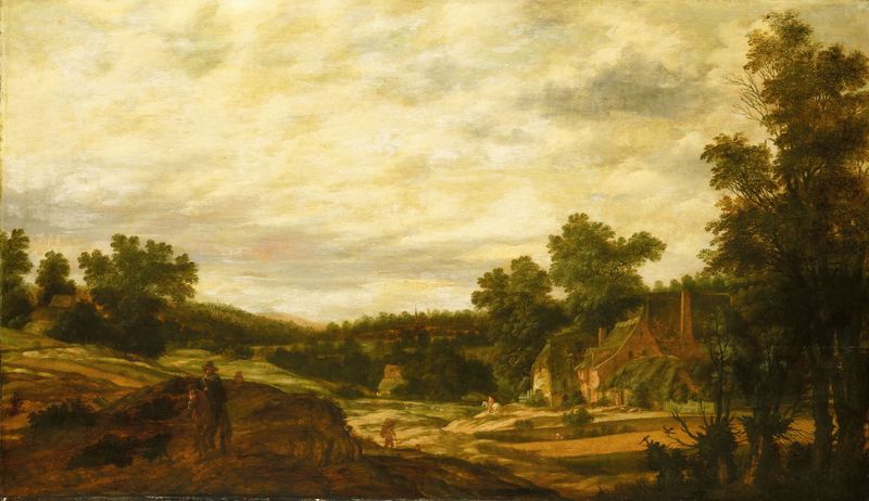 Hilly landscape de Pieter Stalpaert, óleo sobre lienzo que muestra suaves colinas y un camino serpenteante.