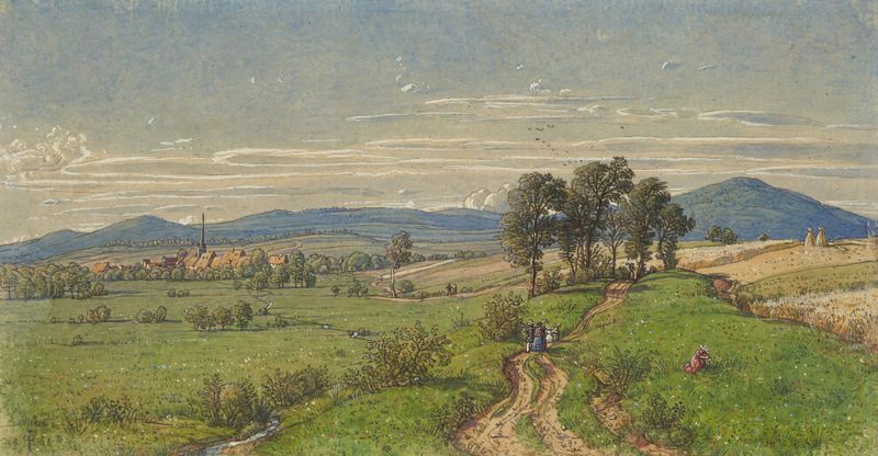 Landscape of rolling hills and a village at sunset by Peter Becker, oil on canvas