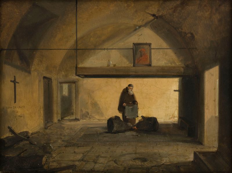Interior scene featuring a monk in ochre tones, oil painting by François-Marius Granet