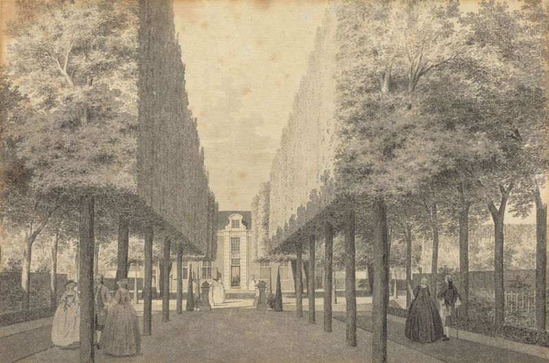 Cena de gênero com figuras elegantemente vestidas em um jardim de Cornelis Pronk, pintura a óleo