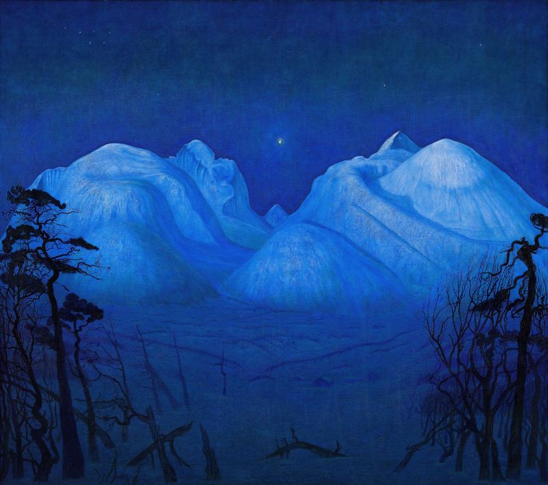 Winter Night in the Mountains, oil on canvas by Harald Sohlberg, depicting a snowy landscape with mountains at night.
