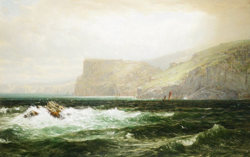 Cena marinha com penhascos e ondas quebrando de William Trost Richards, pintura a óleo