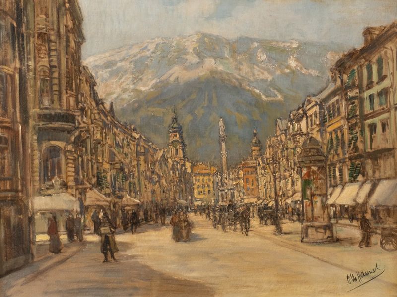 Landscape oil painting by Otto Hamel showing a cobblestone street and architecture.