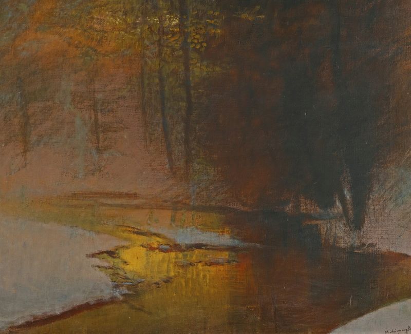 Snowy River At Sunset de Ladislav Mednyánszky, pintura al óleo que muestra un vibrante atardecer sobre un río.