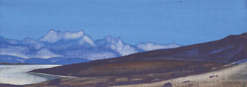 Mongolia by Nicholas Roerich, oil on canvas depicting snow-capped mountains and a blue sky.