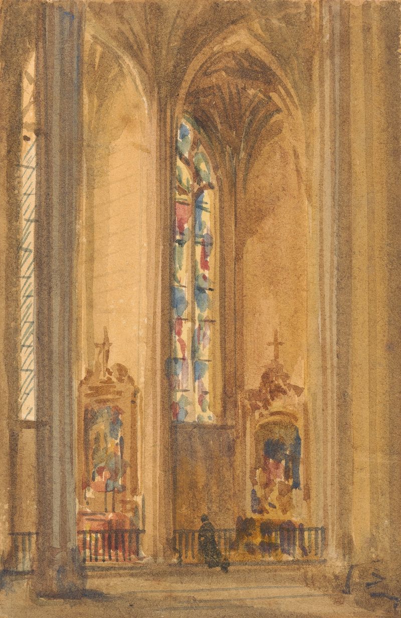 Interior of a Gothic church featuring stained glass by Augustus Pugin