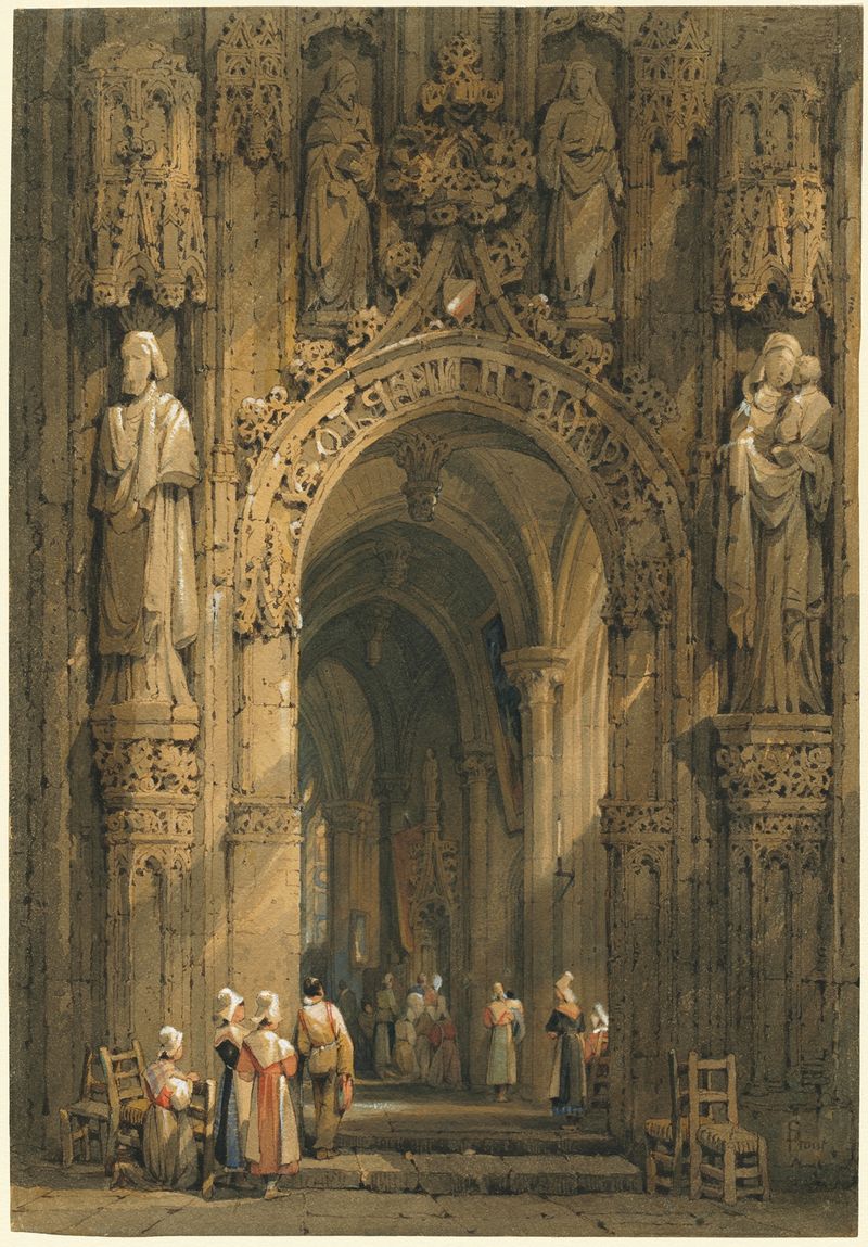 Interior of a cathedral with stained glass and arches, watercolor by Samuel Prout