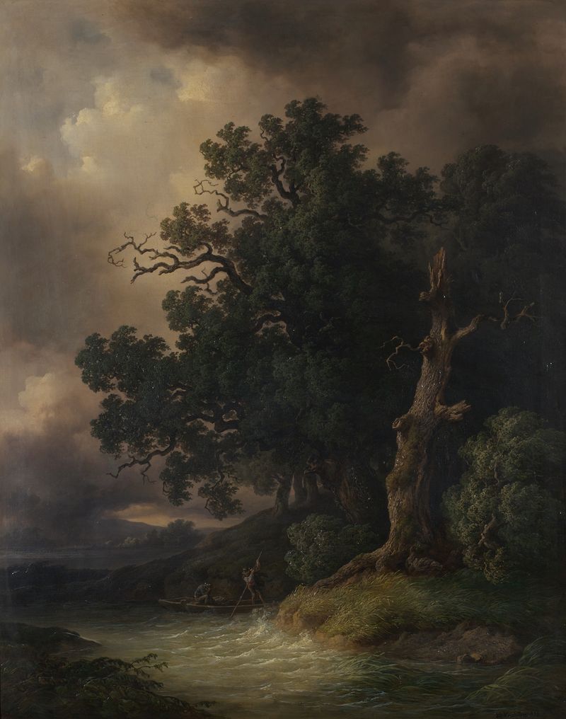 Gewitterlandschaft de Josef Kreutzinger, pintura al óleo que representa un paisaje tormentoso con nubes oscuras.