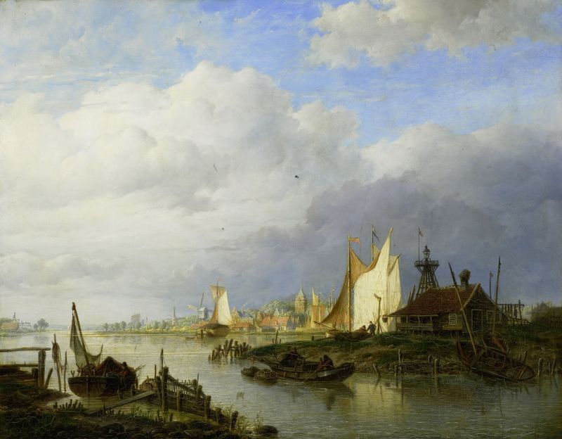 Pintura a óleo de Hendrik Vettewinkel mostrando barcos em um rio ao crepúsculo com um farol de luz.