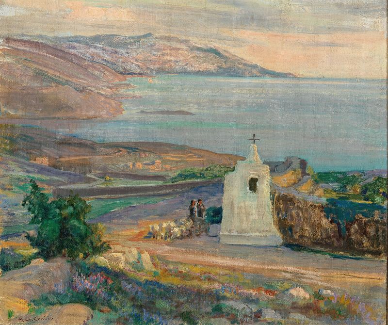 Coastal landscape with a chapel, oil on canvas by Menci Clement Crnčić