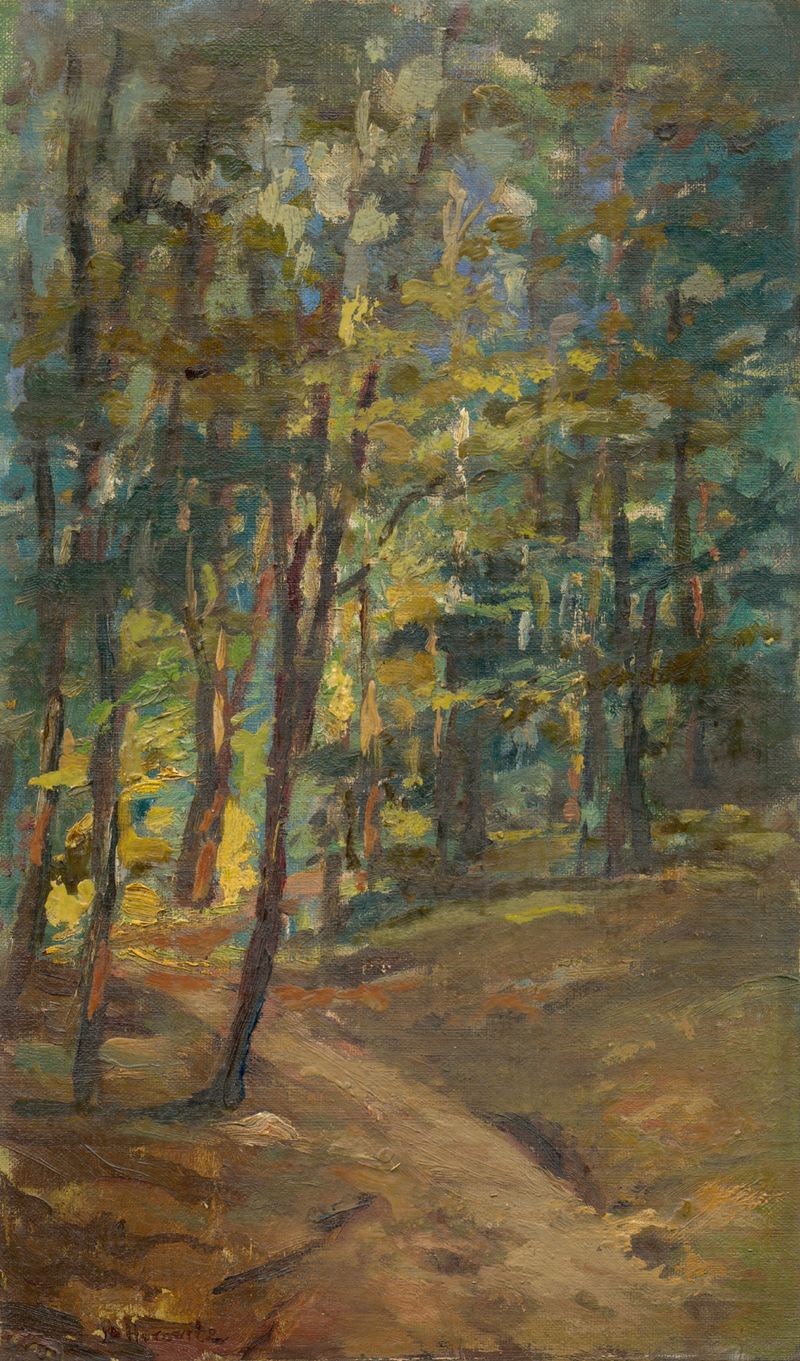 Forest Interior de Leopold Horovitz, óleo sobre lienzo que representa una escena de bosque iluminada por el sol.