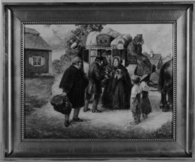 Pintura al óleo de E. Åberg que muestra una escena de género con pasajeros desembarcando de una diligencia.