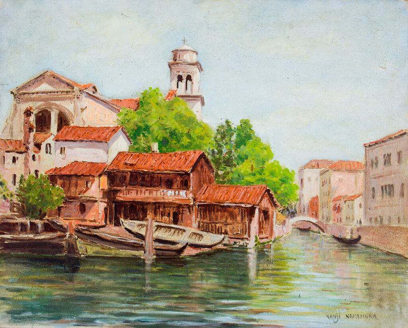 Canal Scene with Buildings and Steeple by Kanji Nakamura, oil on canvas depicting a serene landscape with water and architecture.