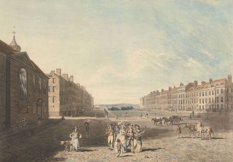 Queen Square, Londres de Edward Dayes, pintura al óleo que muestra edificios elegantes y árboles.