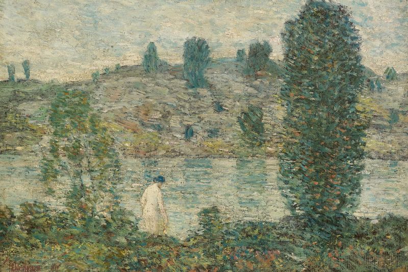 Summer Afternoon de Childe Hassam, óleo sobre lienzo que muestra luz filtrándose a través del follaje.