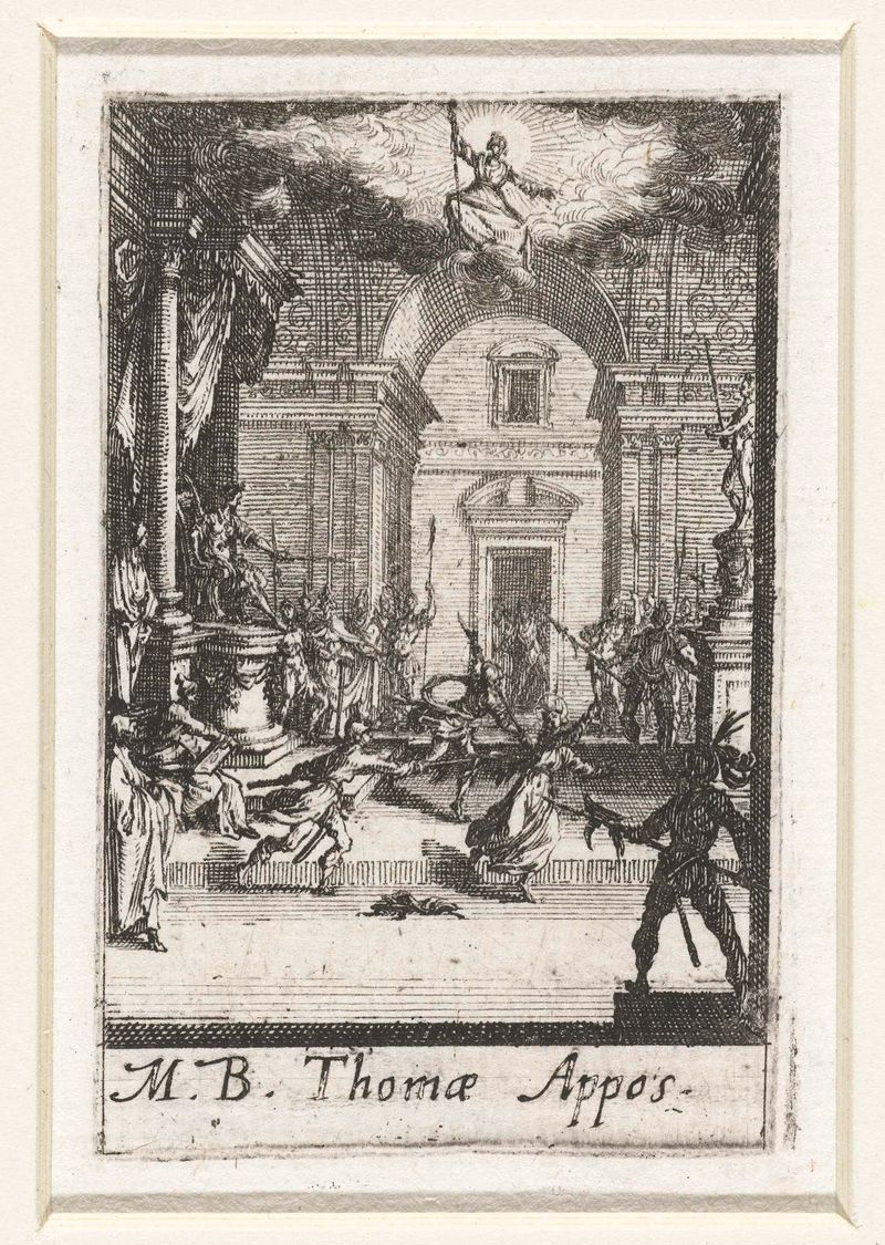 Gravura Martelaarschap van Tomas de Jacques Callot mostrando uma multidão ao redor de uma figura central