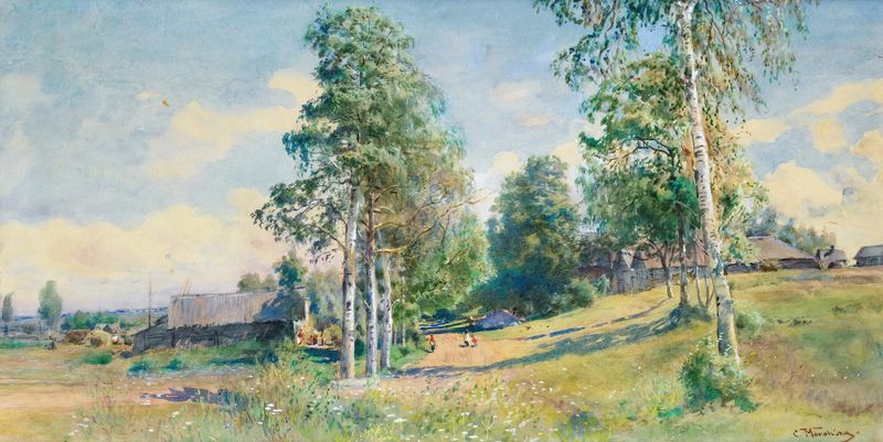 Russian Village In Spring de Konstantin Egorovich Makovsky, pintura a óleo que retrata uma paisagem exuberante.