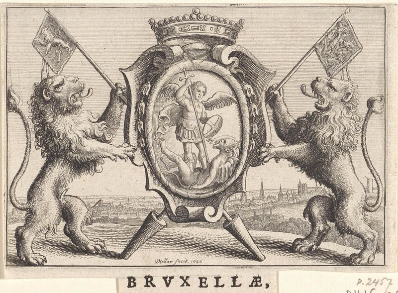 Grabado de Wenceslaus Hollar que muestra el escudo de Bruselas con un león