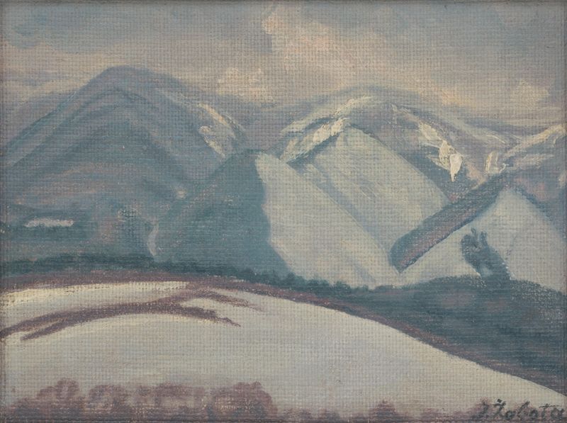 Montanhas Neveadas de Ivan Žabota, óleo sobre tela mostrando picos majestosos sob um vasto céu.