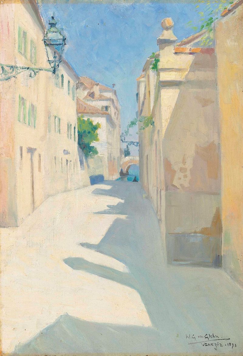 Oil painting by Wilfrid Gabriel de Glehn depicting a tranquil Venetian landscape with reflections on water.