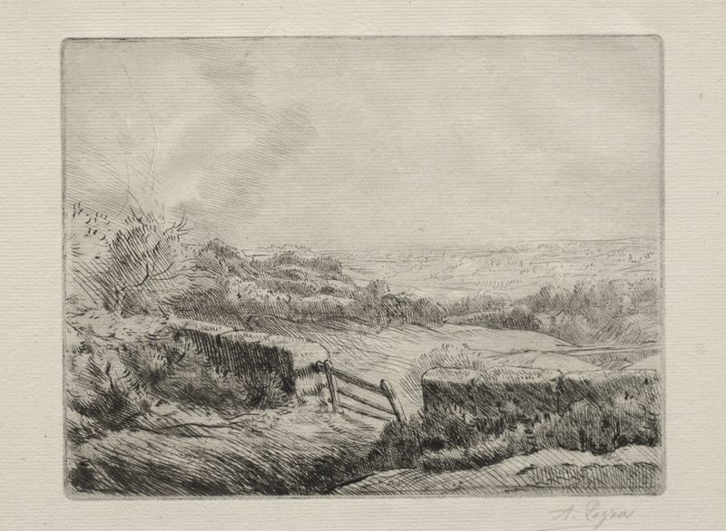 Grabado de Alphonse Legros que muestra un paisaje iluminado por el sol con campos dorados