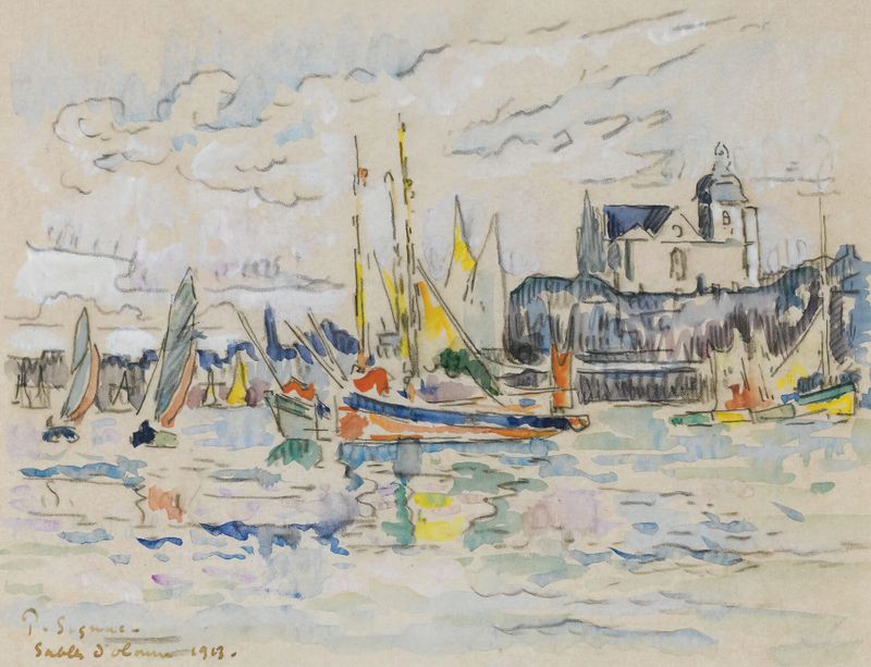 Sables D’olonne, Vue De Port de Paul Signac, óleo sobre lienzo que representa un puerto con barcos y agua brillante.