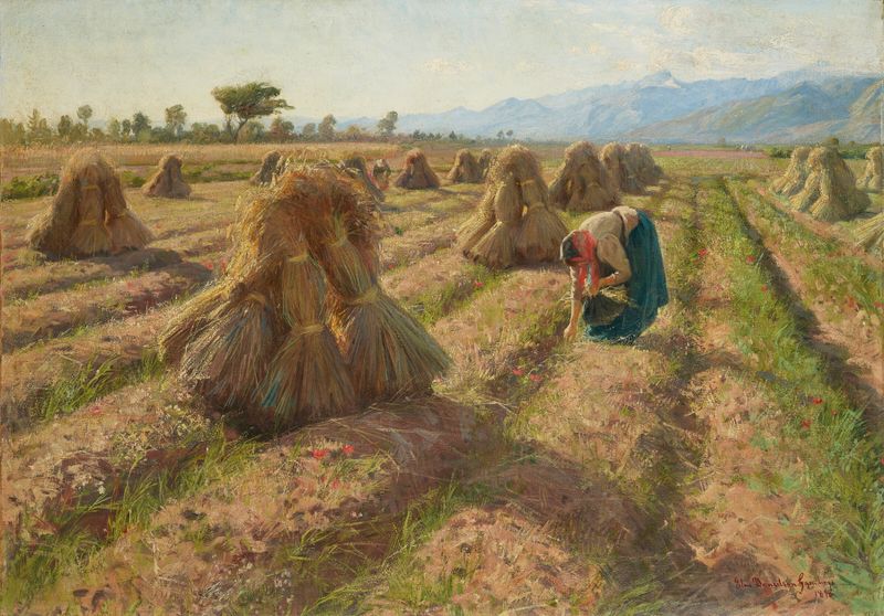 Harvest de Elin Kleopatra Danielson-Gambogi, óleo sobre tela representando trabalhadores em campos dourados ao pôr do sol.