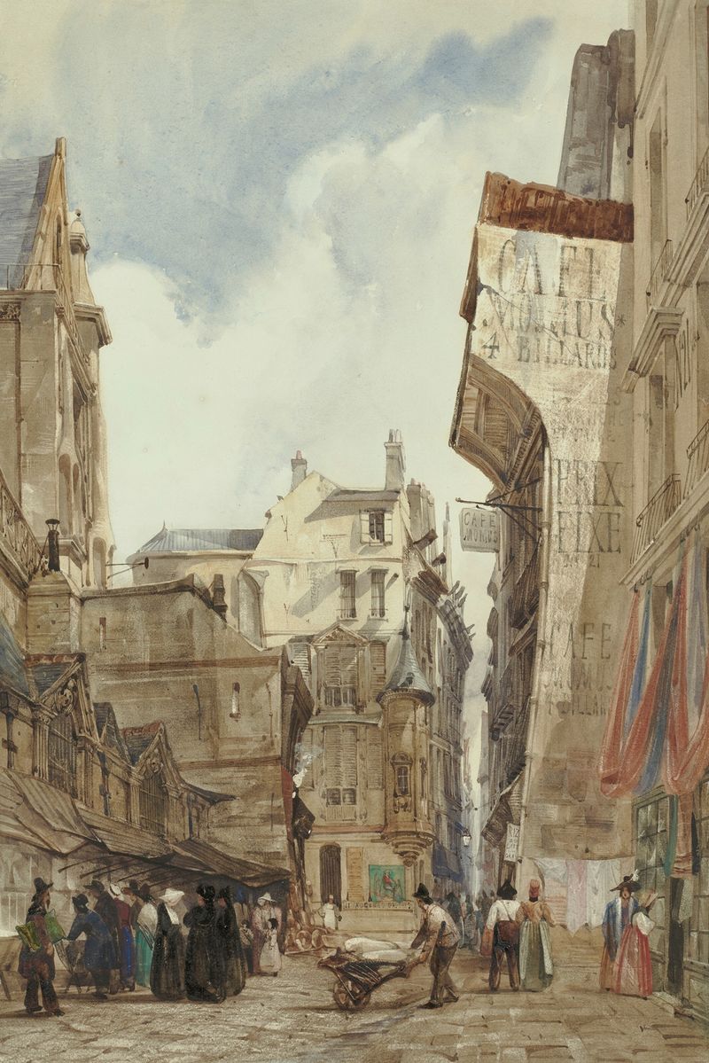 El Café Momus, una pintura al óleo de Thomas Shotter Boys, que representa un café parisino con figuras y faroles.