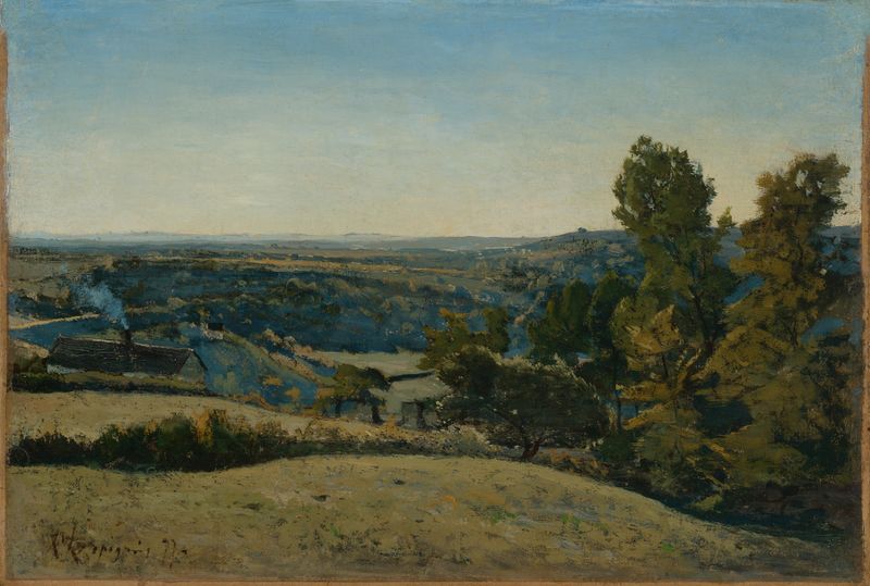 Paisagem de Henri-Joseph Harpignies, 1877, retratando colinas e luz da manhã.