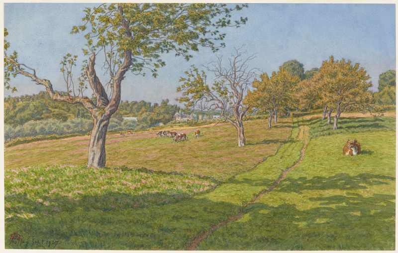 Paisaje rural en acuarela sobre papel de Henri Rivière