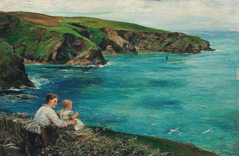 Cena de gênero da família de um pescador na luz dourada, óleo sobre tela de John Robertson Reid