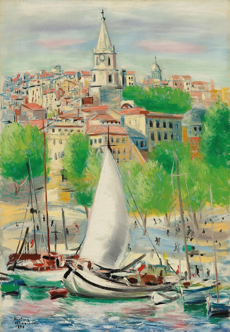 Cena marinha com um porto animado e reflexos de luz solar, pintura a óleo de Moïse Kisling