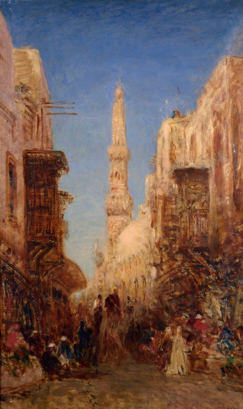Rue du vieux Caire de Félix Ziem, óleo sobre tela que retrata uma cena de rua animada