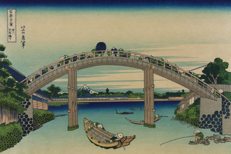 Fukagawa mannenbashi sita gravura em madeira de Katsushika Hokusai com figuras perto de um rio