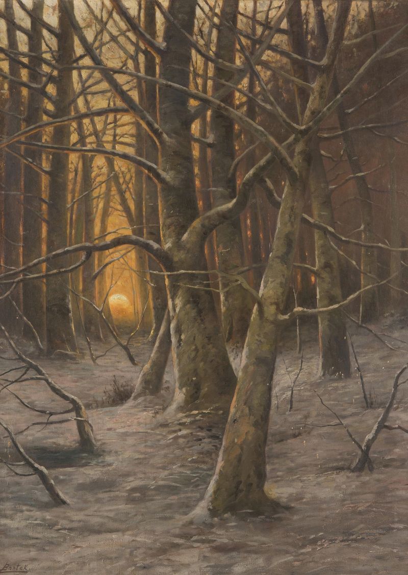 Winter Early Evening by Ludvík Barták, oil on canvas depicting a snowy landscape at twilight
