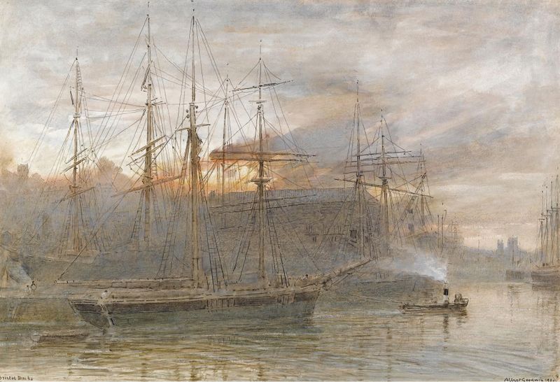Bristol Docks de Albert Goodwin, aquarela sobre papel mostrando navios abandonados na névoa da noite.