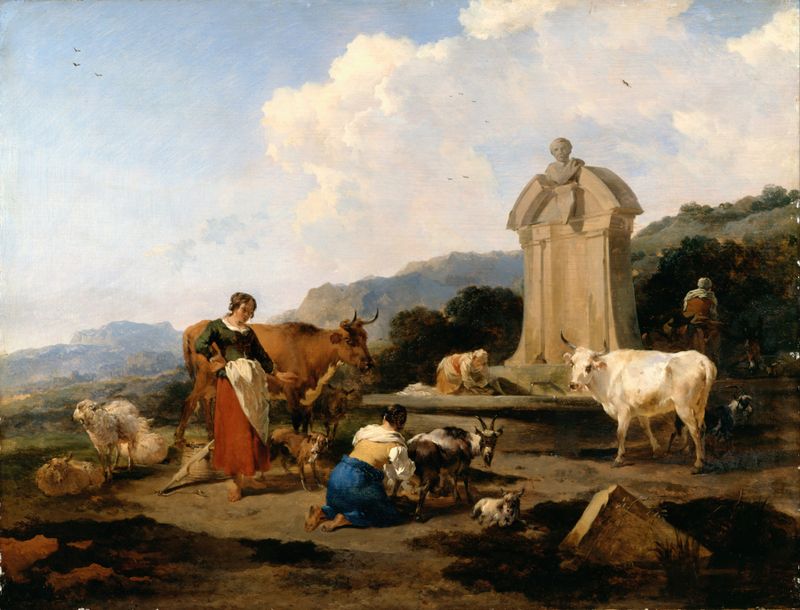 Roman Fountain with Cattle and Figures, pintura al óleo de Nicolaes Pietersz Berchem