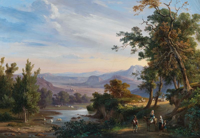 A View of Lago Fucino de Salvatore Fergola, óleo sobre lienzo que muestra un lago tranquilo con nubes.
