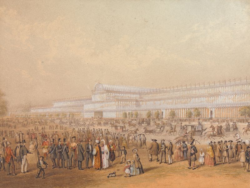 Gravura de George Baxter mostrando figuras sob o Crystal Palace, luz do sol filtrando através do vidro.