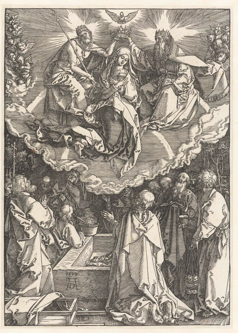 Gravura de Albrecht Dürer que retrata Maria coroada em luz radiante.