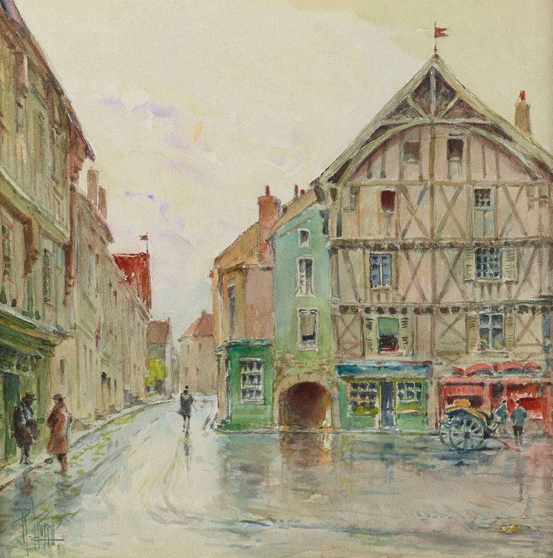 Landscape oil painting by Réné Leverd depicting Hôtel de Ville after rain with reflections in puddles.
