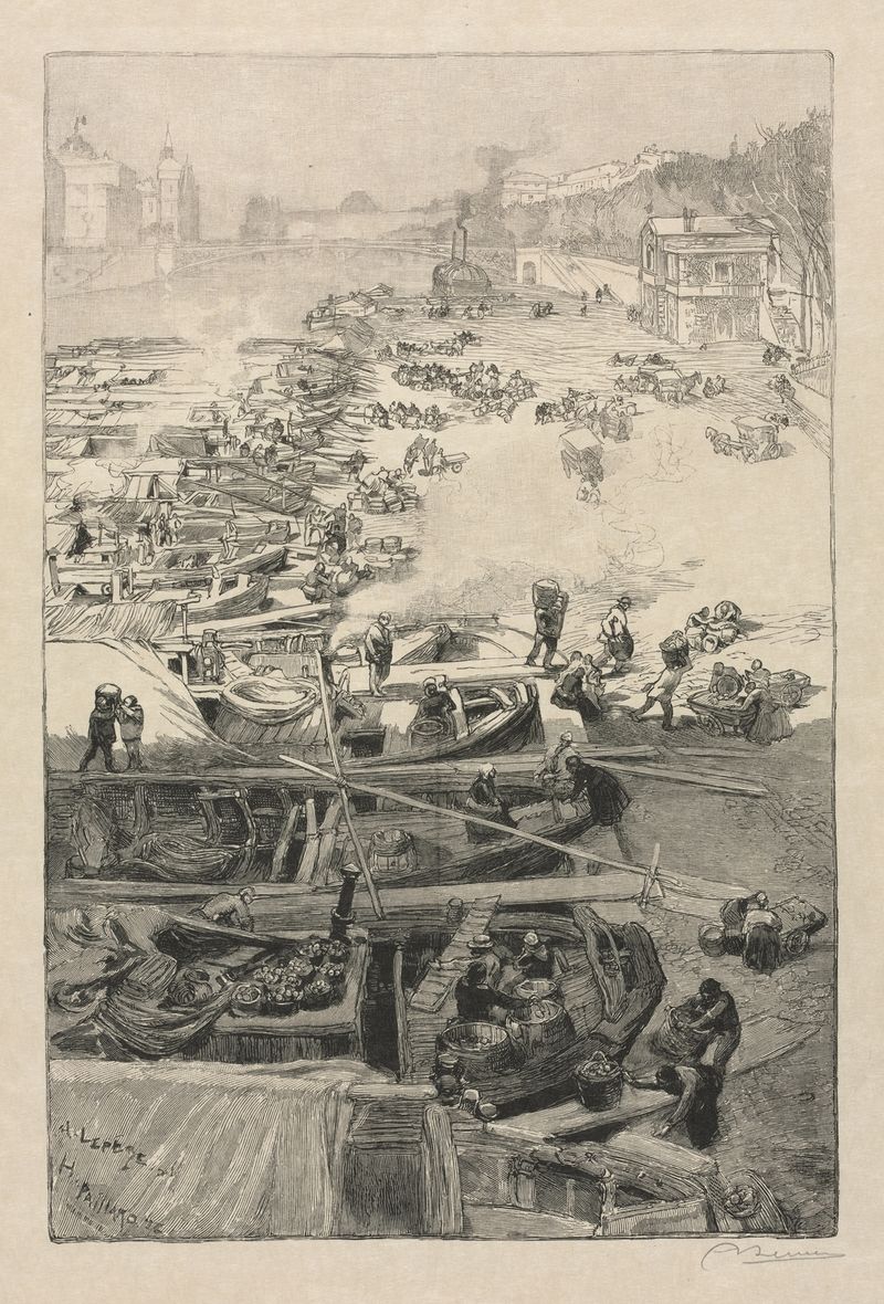 Gravura de Auguste Louis Lepère mostrando figuras descarregando batatas no Hôtel de Ville