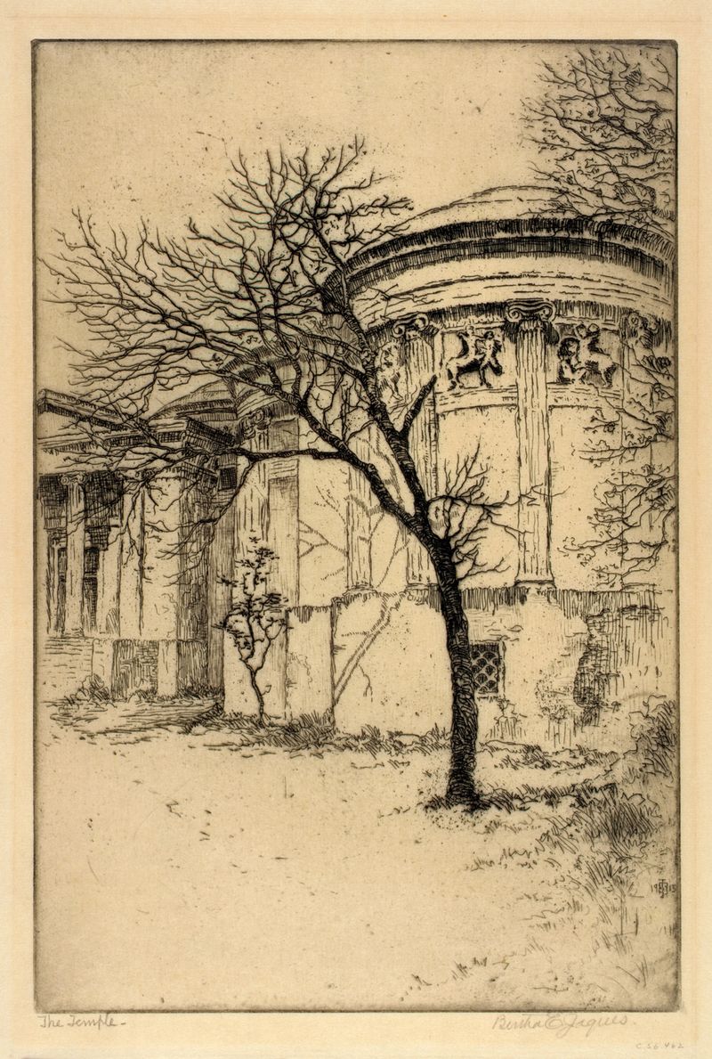 Gravura de Bertha Jaques mostrando um templo em uma paisagem tranquila.