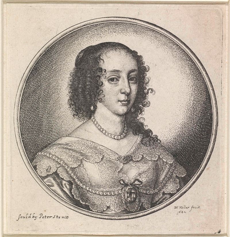 Retrato de uma mulher com colar de renda e joias de pérolas, gravura de Wenceslaus Hollar