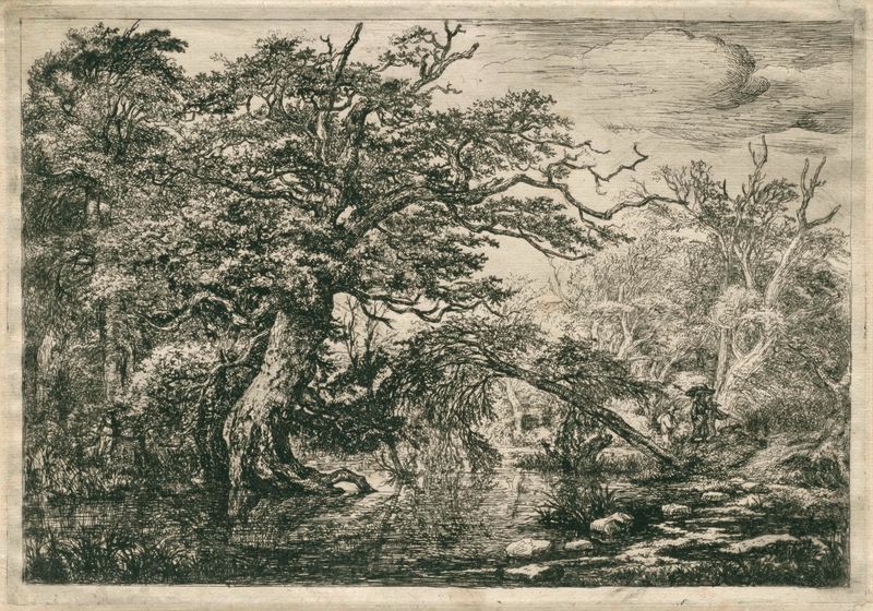 Grabado de Jacob Isaacksz van Ruisdael con viajeros en un paisaje con nubes.