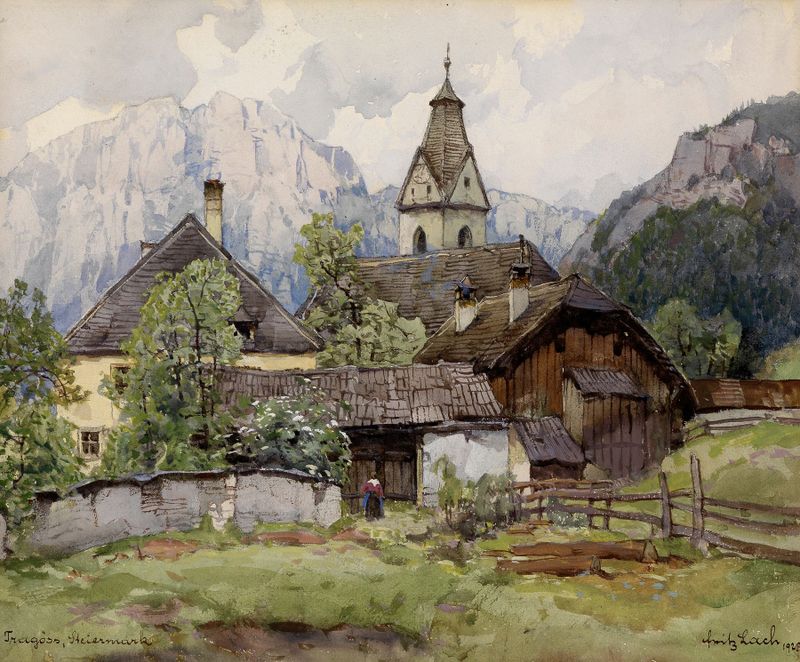 Paisaje de Fritz Lach, que representa un pueblo tranquilo con colinas y cielo pastel.