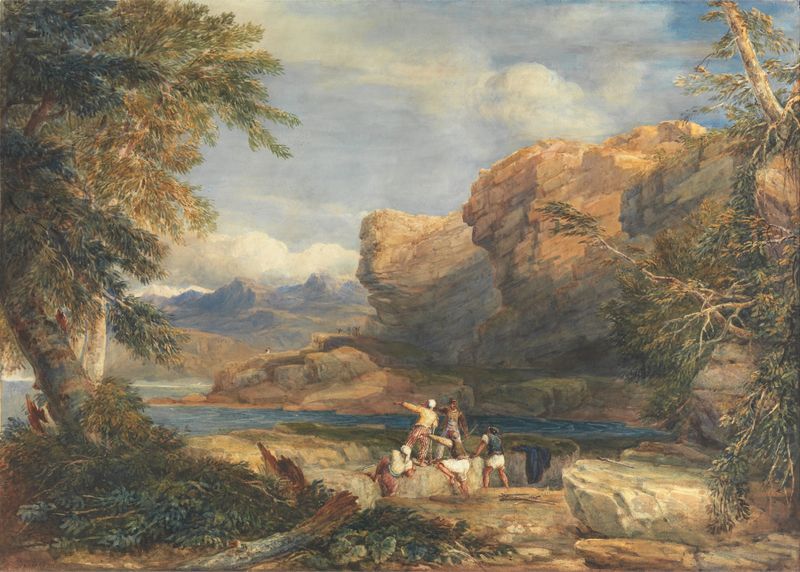 Escena marina de Pirate’s Isle de David Cox, óleo sobre lienzo con costa escarpada y mar tranquilo.